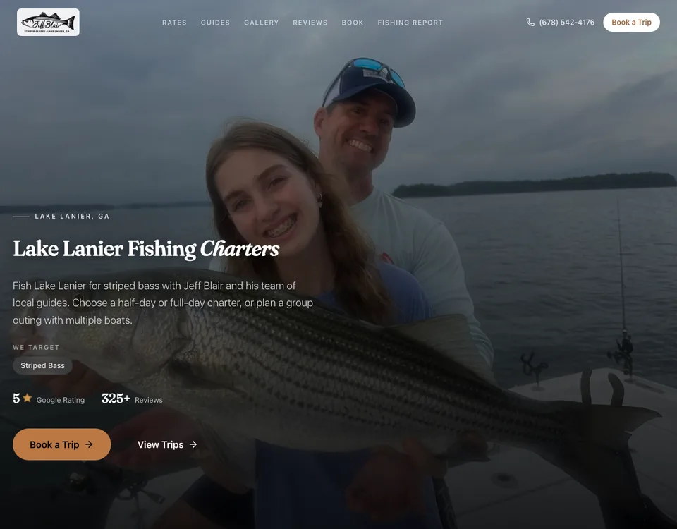 Jeff Blair Striper Guides’ Lake Lanier homepage, with local trip information and a Book a Trip button