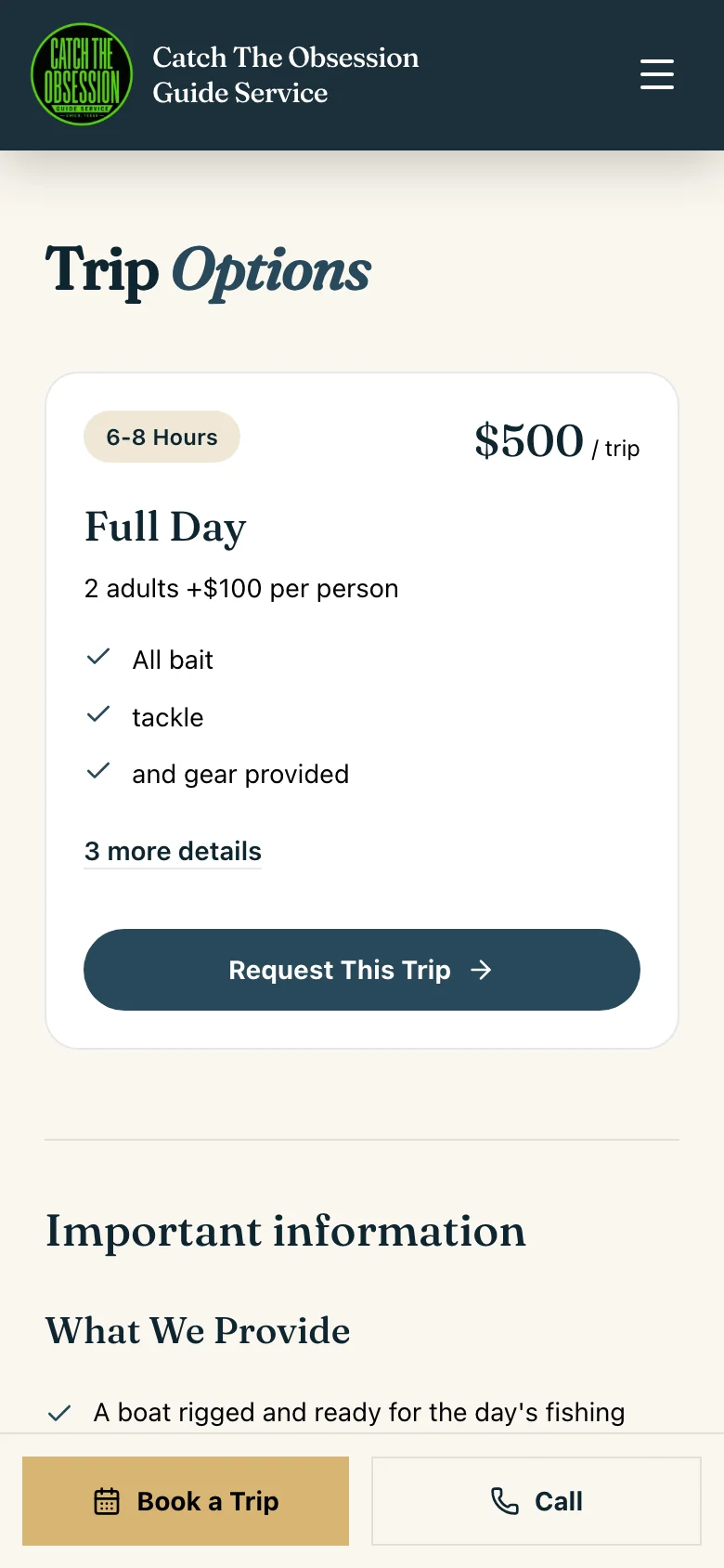 Catch the Obsession mobile rates page, showing a full-day trip, price, duration and Request This Trip button