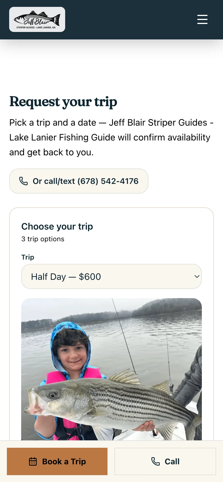 Jeff Blair Striper Guides mobile booking page, with a trip selector and a request-your-trip heading