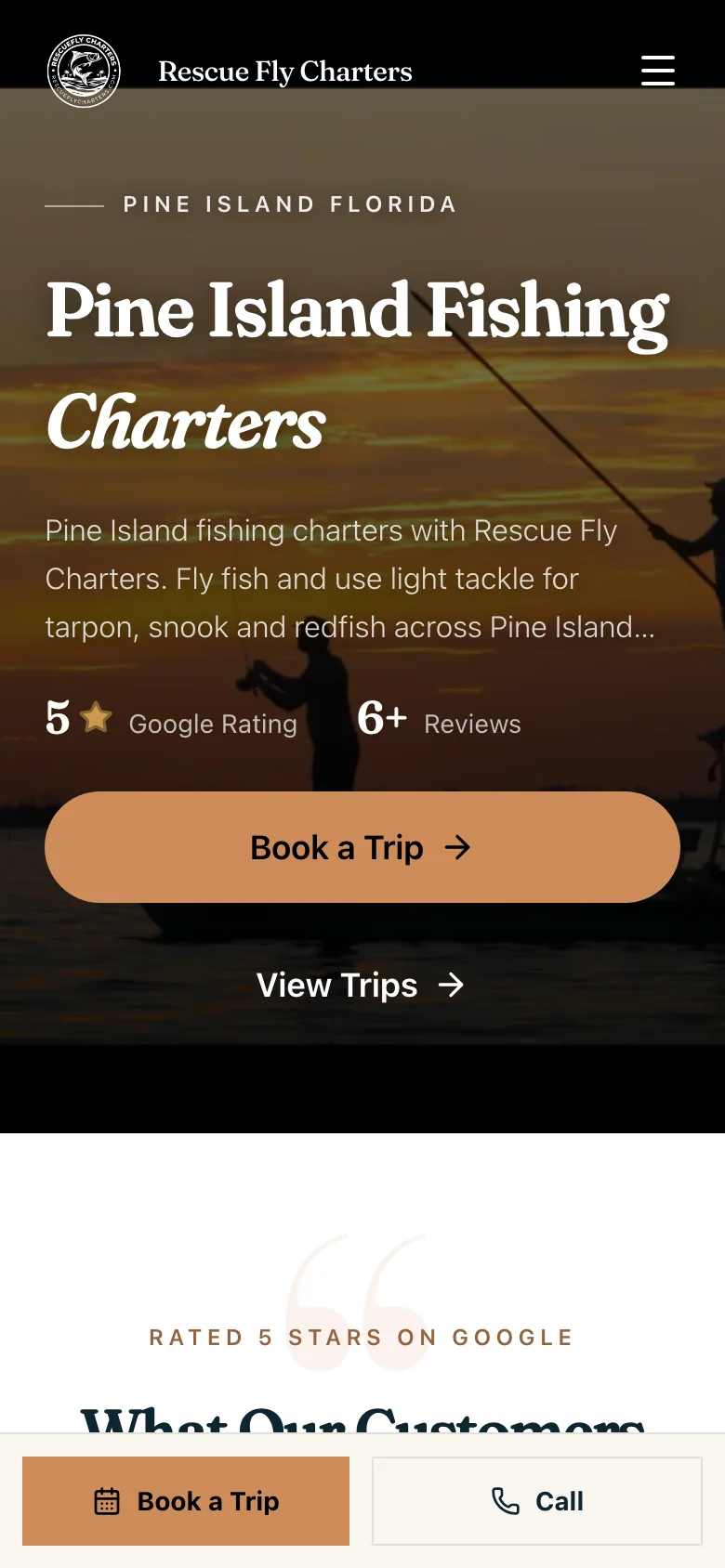 Rescue Fly Charters mobile homepage, with Pine Island trip information and a Book a Trip button